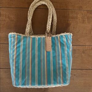 Lauren Ralph Lauren Turquoise and Cream Striped Straw Tote with Braided Handles